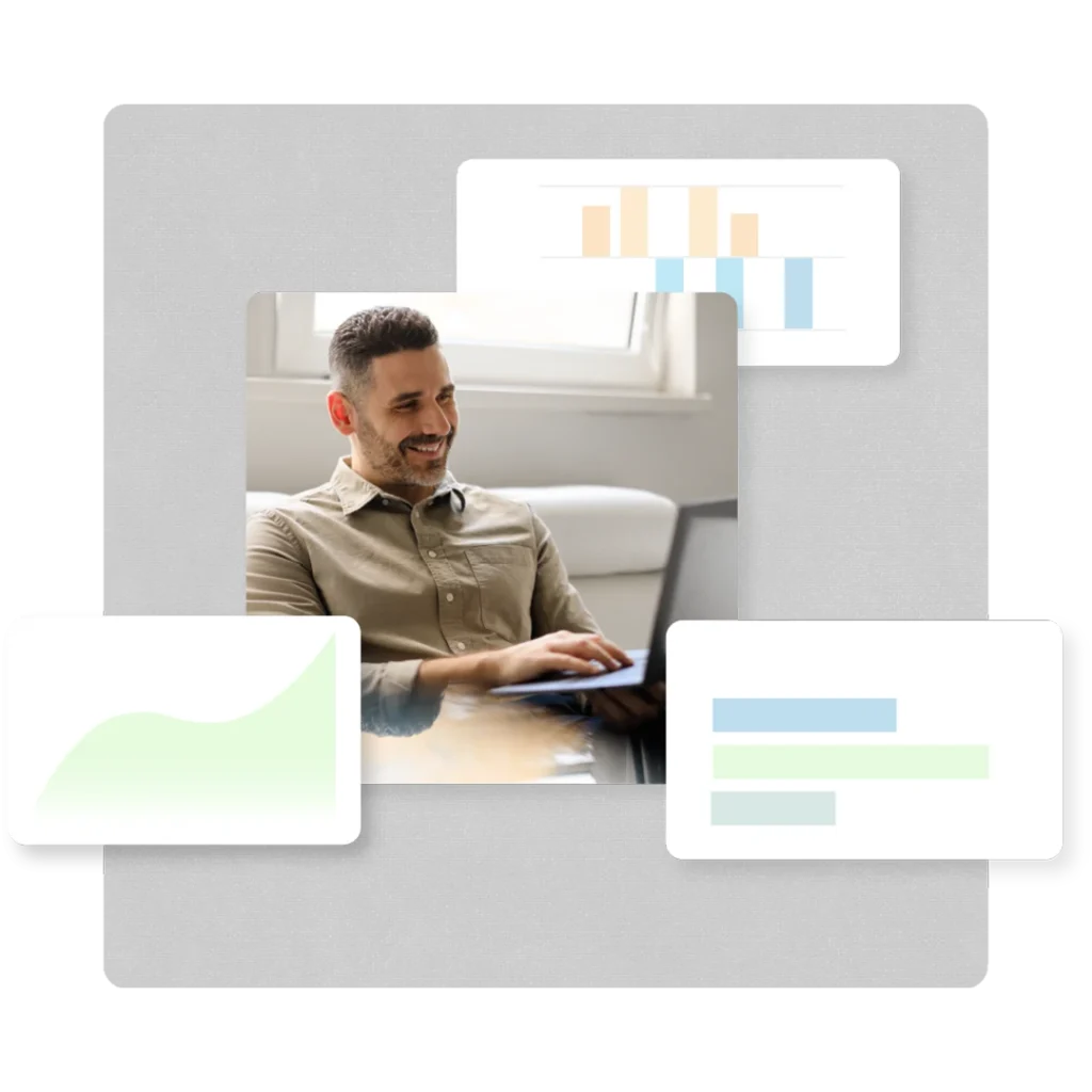 man on laptop with floating bar graphs